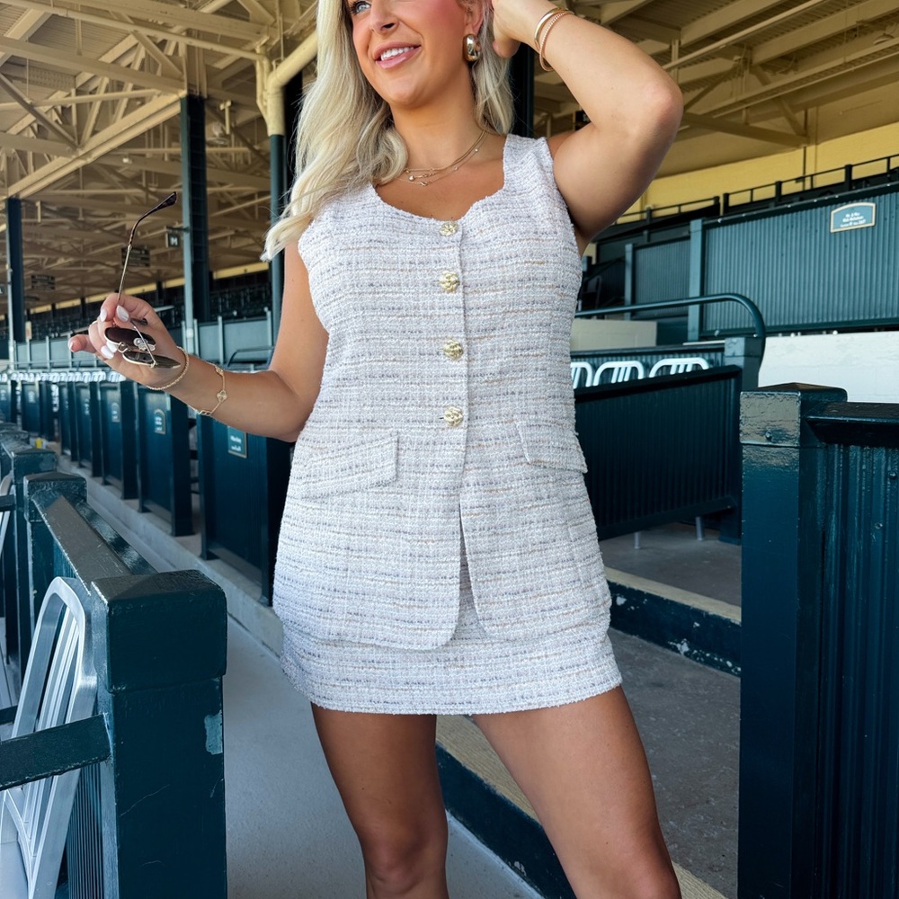 Chic White Tweed Romper Set with Gold Buttons